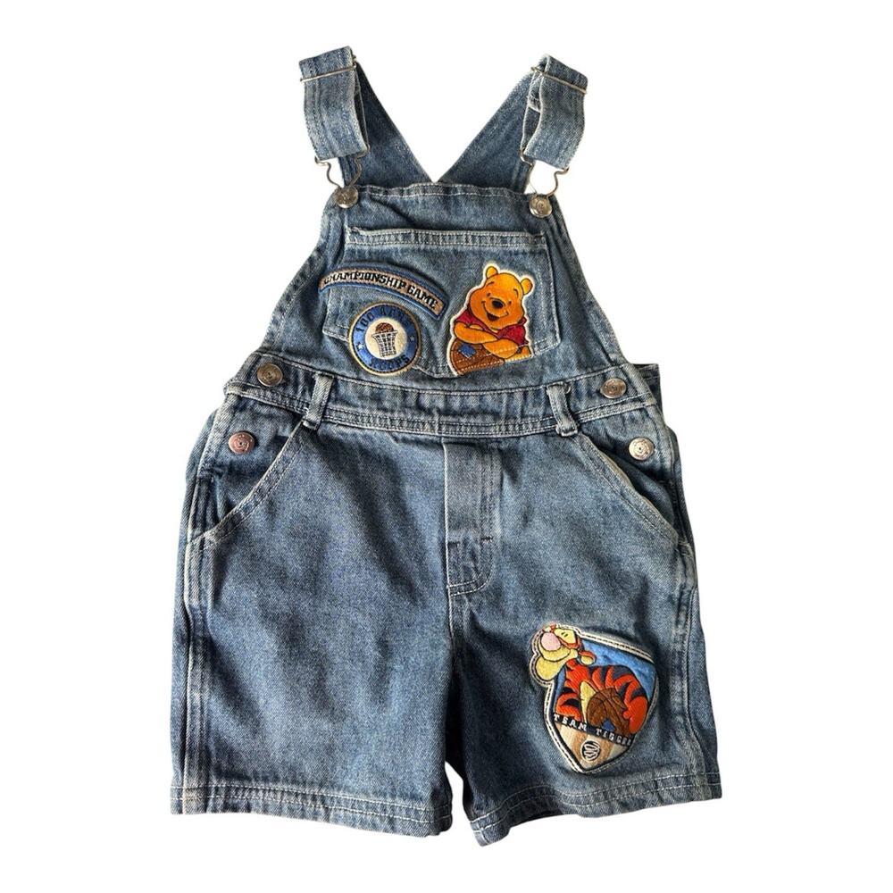Vtg 90s Disney Winnie the Pooh Tigger Denim Short Overalls Basketball Patches 3T
